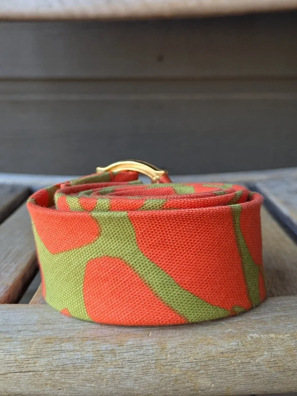J. Crew Linen Cotton Lime Green Citrus Orange Belt Gold Tone Bamboo Buckle M/L - Picture 3 of 6
